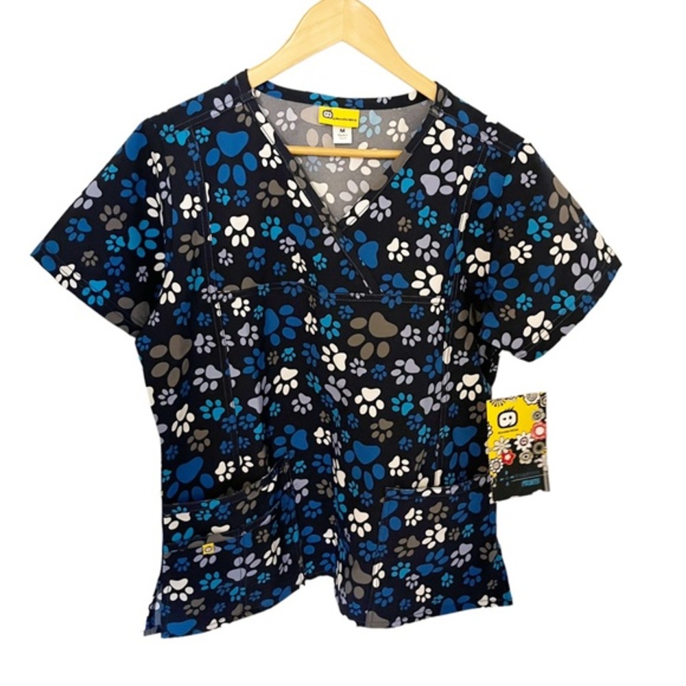 WonderWink Women's Paw Print Scrub Top - Blue and Black